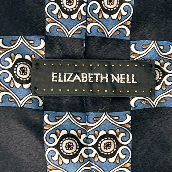 Elizabeth Nell Geometric Print Mens Neck Tie Black Blue 100% Silk Made in USA - Picture 5 of 7